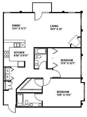 Floor plan for 2 beds, 2 baths, 1255 sqft
