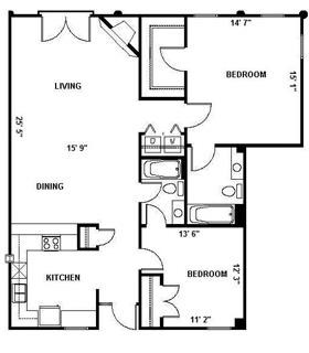 Floor plan for 2 beds, 2 baths, 1257 sqft