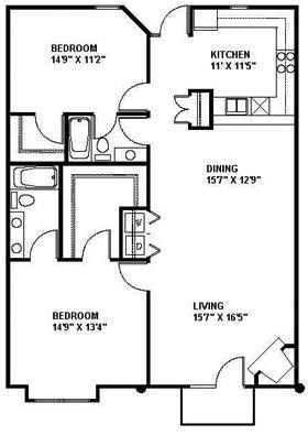 Floor plan for 2 beds, 2 baths, 1276 sqft