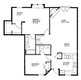 Floor plan for 2 beds, 2 baths, 1287 sqft