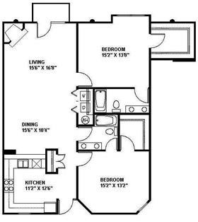 Floor plan for 2 beds, 2 baths, 1351 sqft