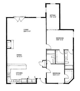 Floor plan for 2 beds, 2 baths, 1435 sqft