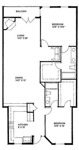 Floor plan for 2 beds, 2 baths, 1462 sqft