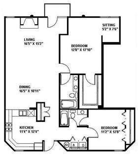 Floor plan for 2 beds, 2 baths, 1492 sqft