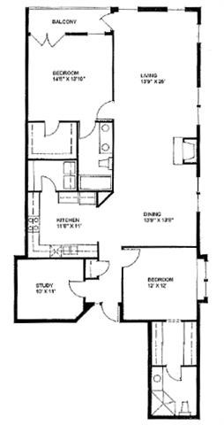 Floor plan for 2 beds, 2 baths, 1563 sqft