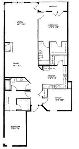 Floor plan for 2 beds, 2 baths, 1729 sqft