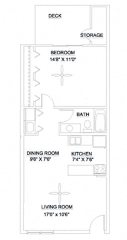 Floor plan for 1 bed, 1 bath, 650 sqft