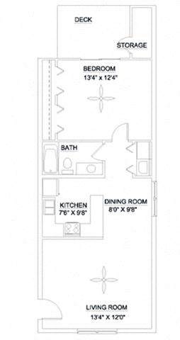 Floor plan for 1 bed, 1 bath, 700 sqft