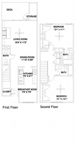 Floor plan for 2 beds, 2.5 baths, 1162 sqft