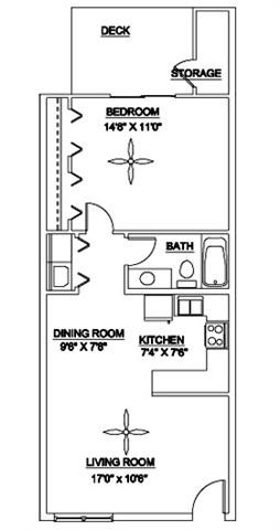 Floor plan for 1 bed, 1 bath, 650 sqft