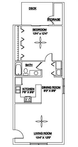 Floor plan for 1 bed, 1 bath, 700 sqft
