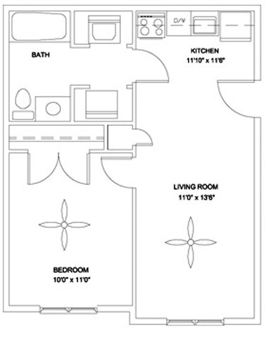 Floor plan for 1 bed, 1 bath, 535 sqft