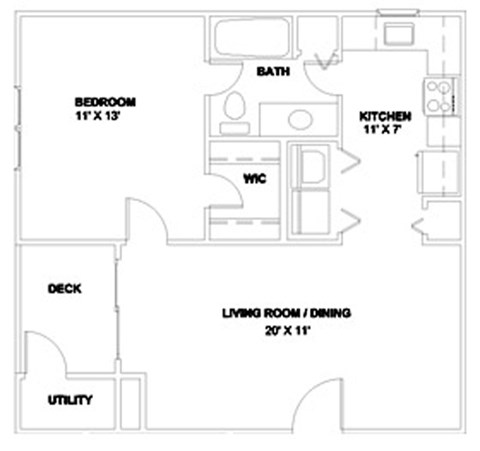 Floor plan for 1 bed, 1 bath, 610 sqft