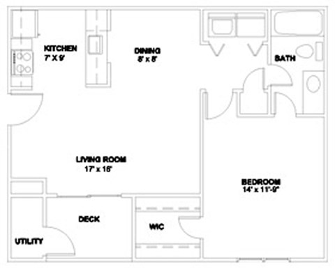 Floor plan for 1 bed, 1 bath, 660 sqft