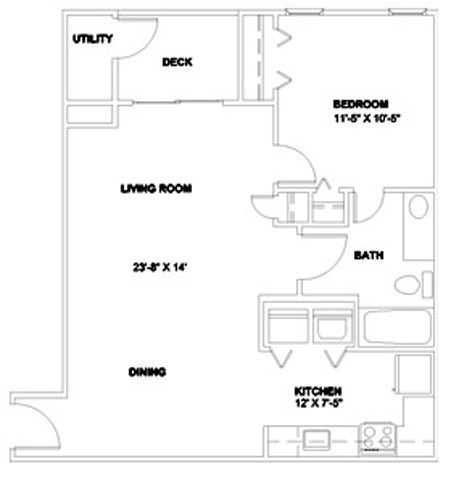 Floor plan for 1 bed, 1 bath, 700 sqft