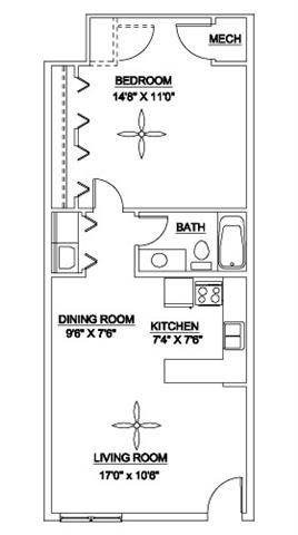 Floor plan for 1 bed, 1 bath, 700 sqft