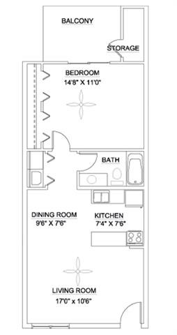 Floor plan for 1 bed, 1 bath, 650 sqft