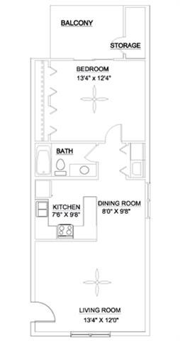 Floor plan for 1 bed, 1 bath, 700 sqft