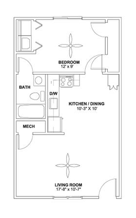 Floor plan for 1 bed, 1 bath, 594 sqft