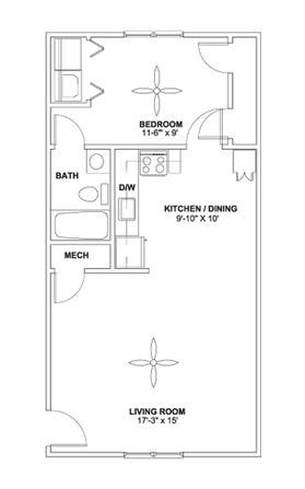 Floor plan for 1 bed, 1 bath, 673 sqft