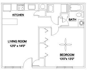 Floor plan for 1 bed, 1 bath, 600 sqft