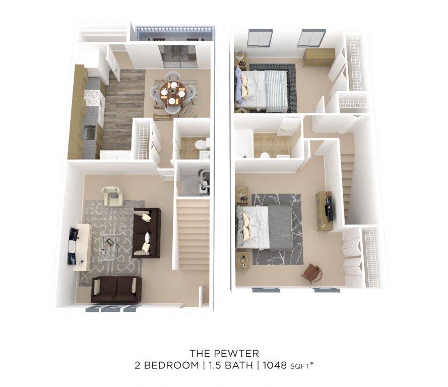 Floor plan for 2 beds, 1.5 baths, 1048 sqft