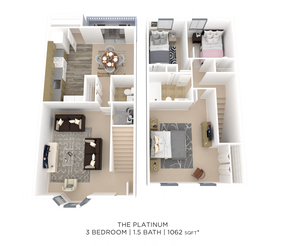 Floor plan for 3 beds, 1.5 baths, 1062 sqft