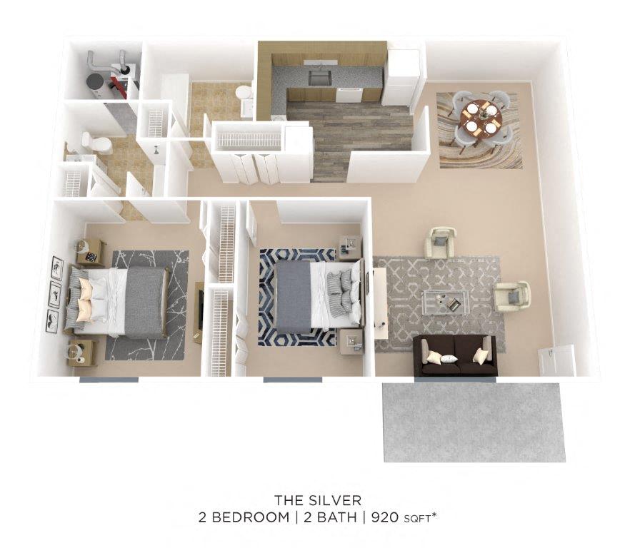 Floor plan for 2 beds, 2 baths, 920 sqft