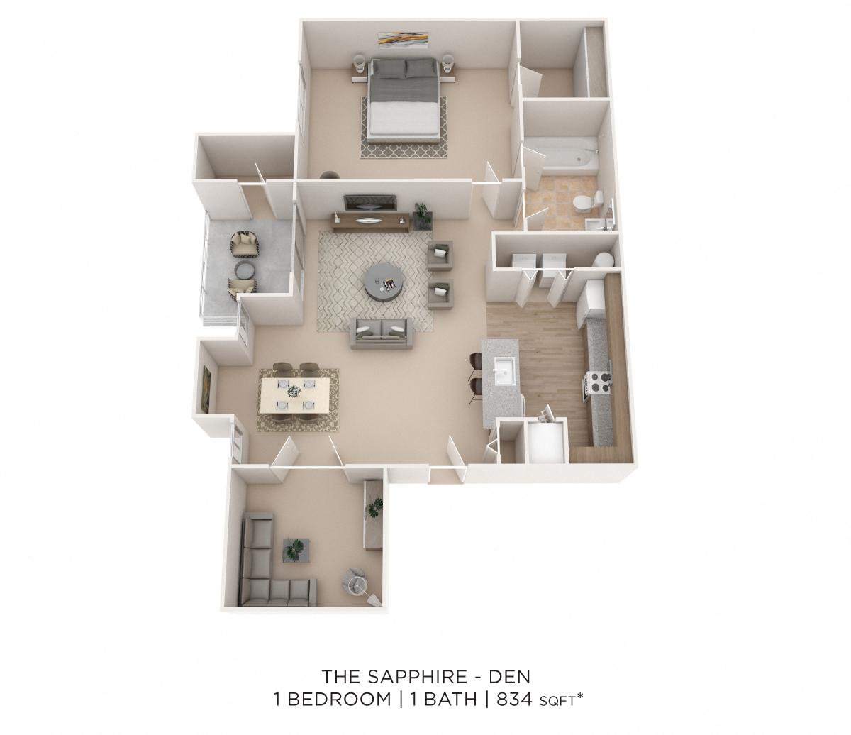 Floor plan for 1 bed, 1 bath, 834 sqft