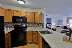 Baltimore apartment for rent - a kitchen with black appliances and a counter top