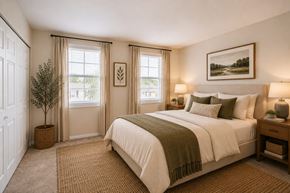 Windsor Mill townhouse for rent - A bedroom with a large bed and a potted plant.