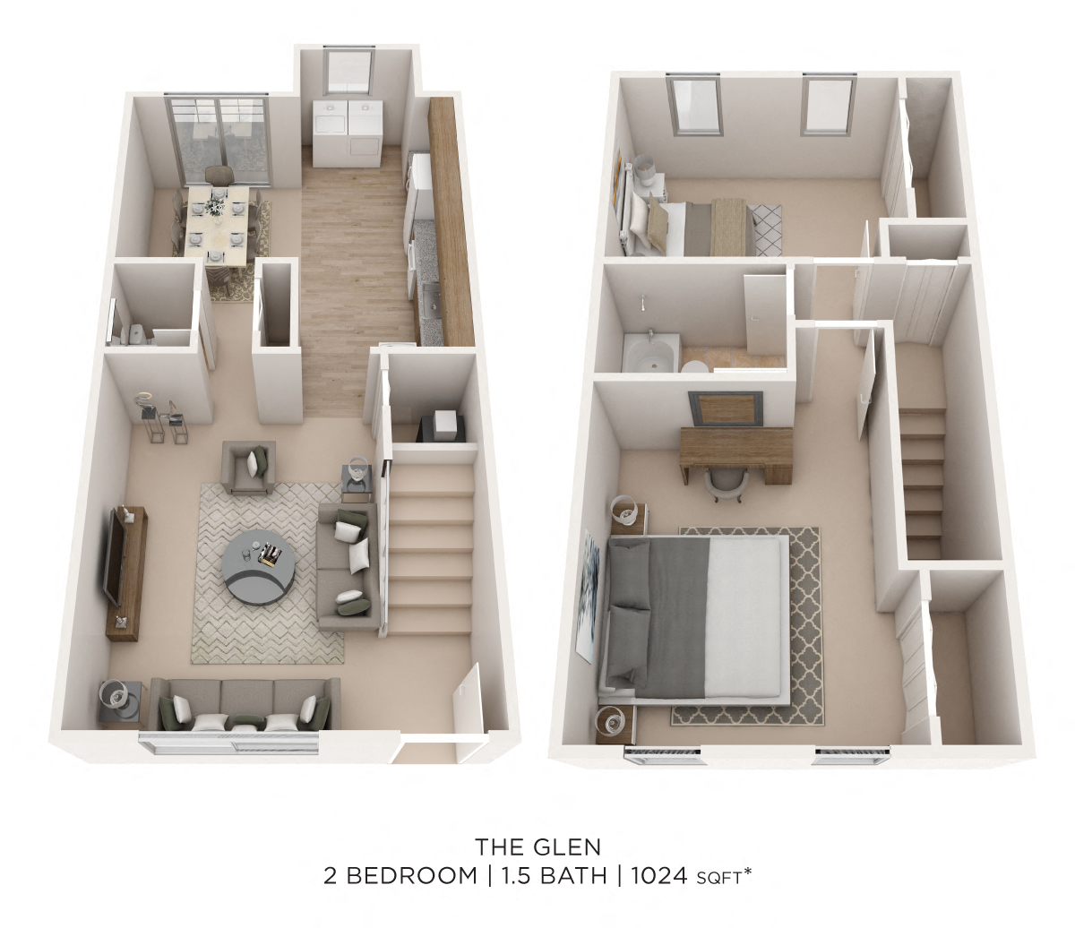 Floor plan for 2 beds, 1.5 baths, 1024 sqft
