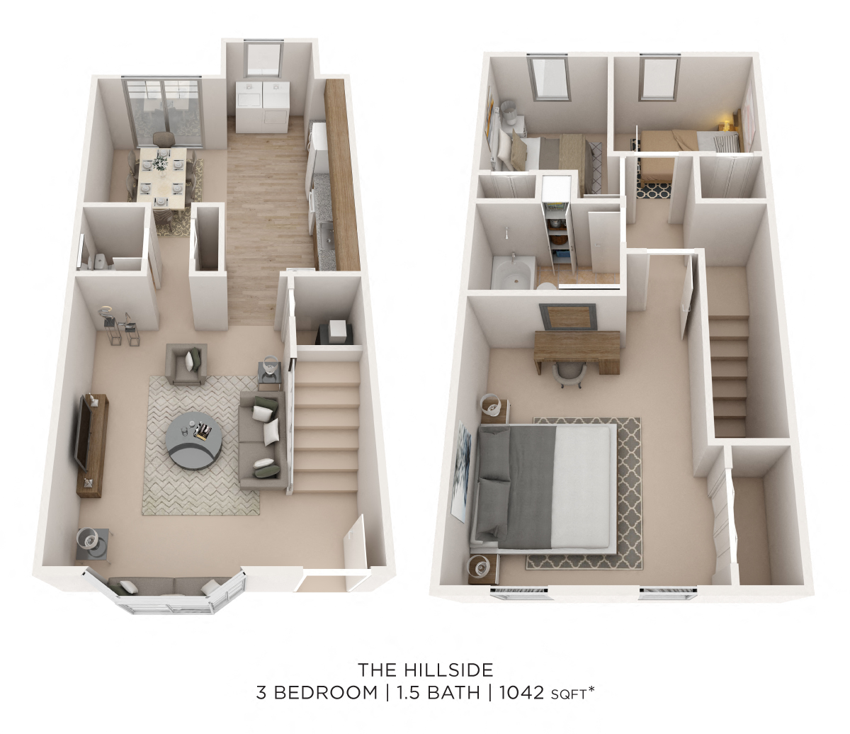 Floor plan for 3 beds, 1.5 baths, 1042 sqft