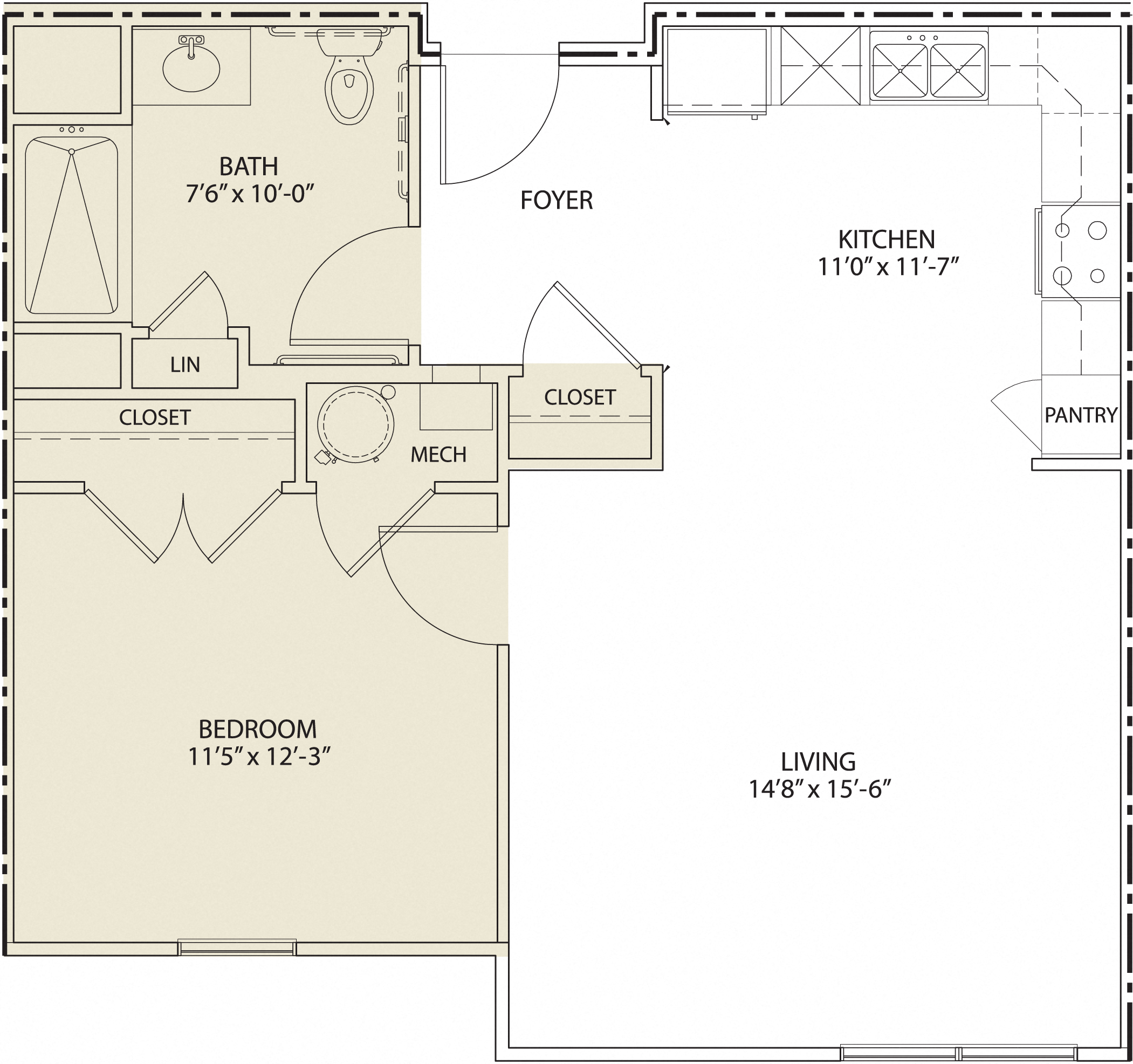 Floor plan for 1 bed, 1 bath, 680 sqft