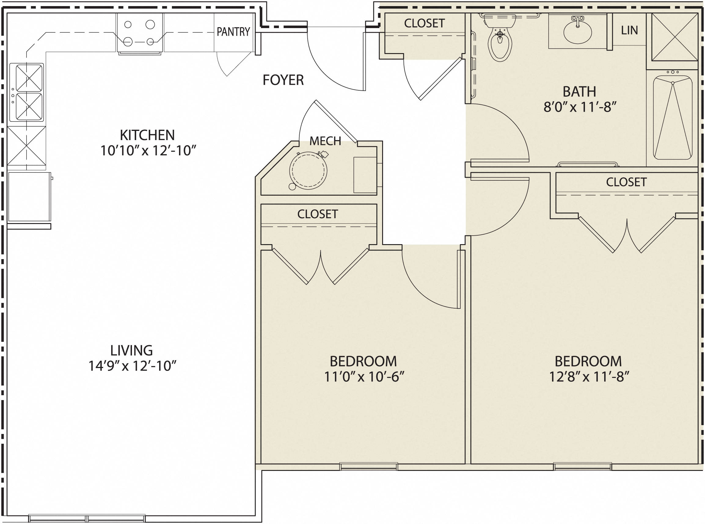 Floor plan for 2 beds, 1 bath, 858 sqft