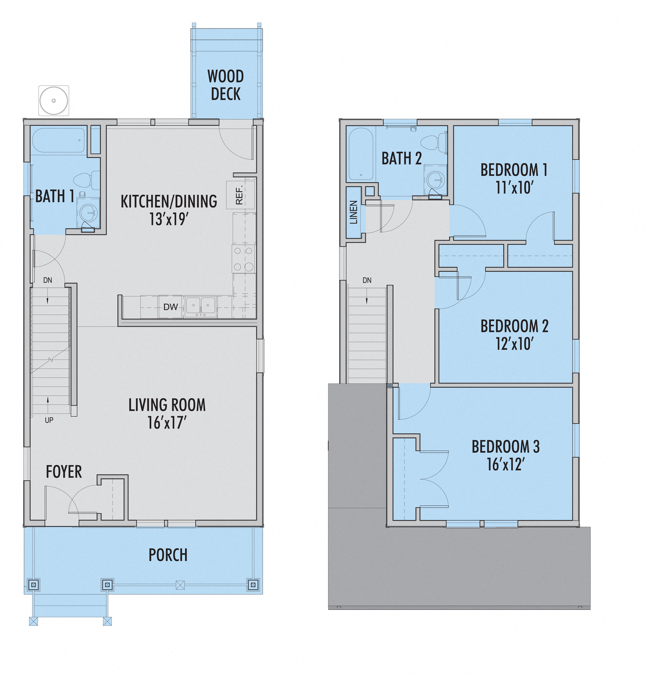 Floor plan for 3 beds, 2 baths, 1664 sqft