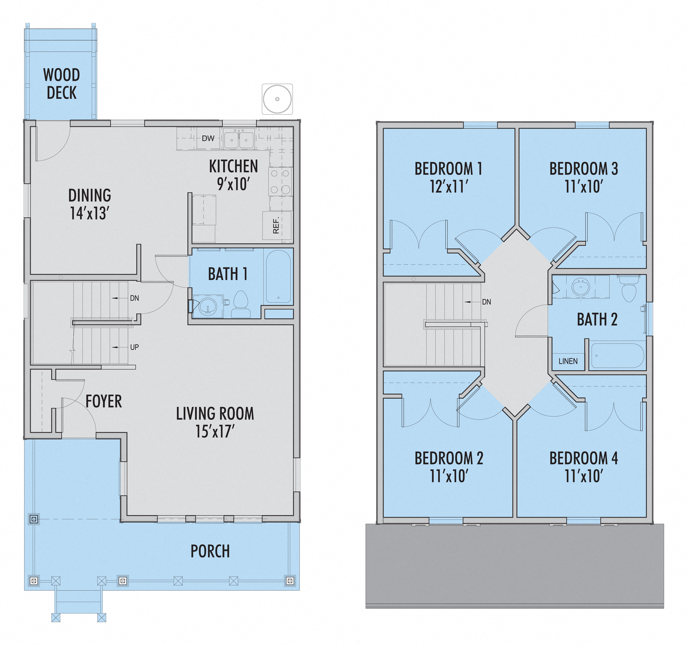 Floor plan for 4 beds, 2 baths, 1664 sqft