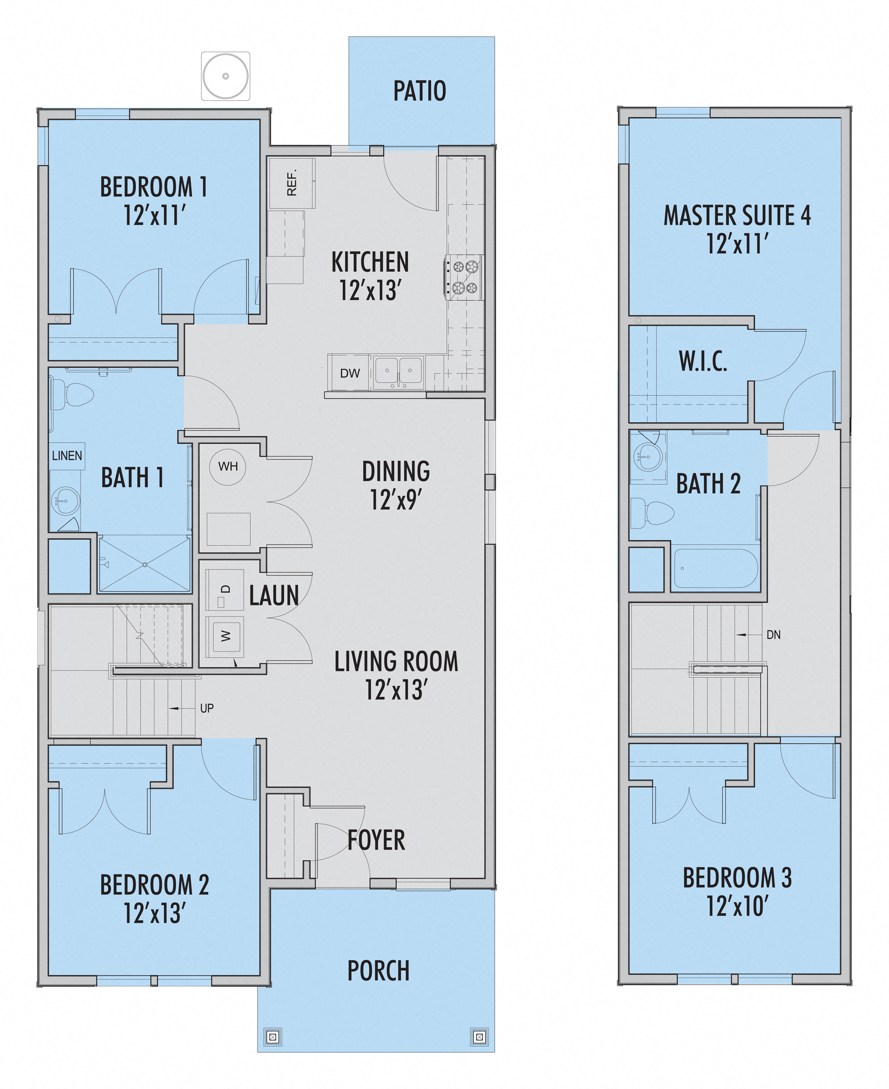 Floor plan for 4 beds, 2 baths, 1664 sqft