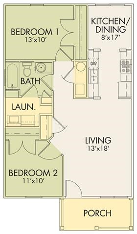 Floor plan for 2 beds, 1 bath, 864 sqft