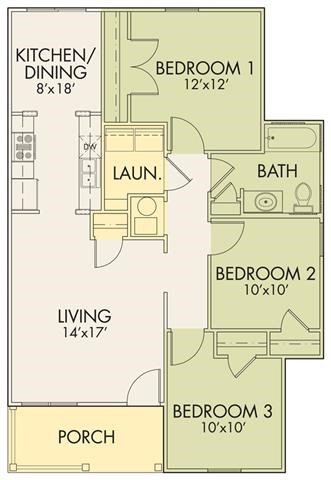 Floor plan for 2 beds, 1 bath, 864 sqft