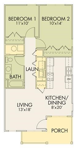 Floor plan for 2 beds, 1 bath, 864 sqft