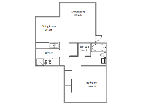 Floor plan for 1 bed, 1 bath, 551 sqft
