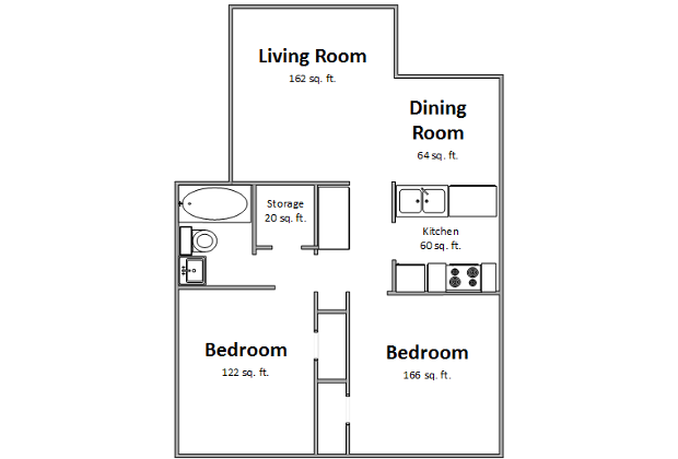 Floor plan for 2 beds, 1 bath, 707 sqft