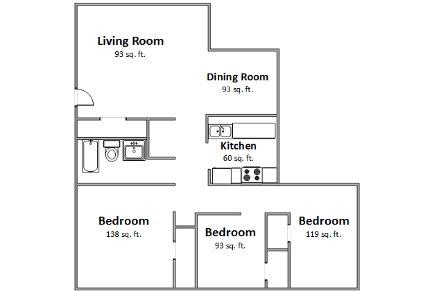 Floor plan for 3 beds, 1 bath, 874 sqft