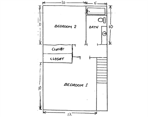 Floor plan for 2 beds, 1 bath, 859 sqft