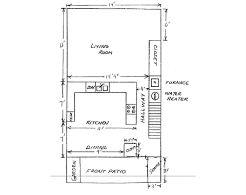 Floor plan for 3 beds, 1 bath
