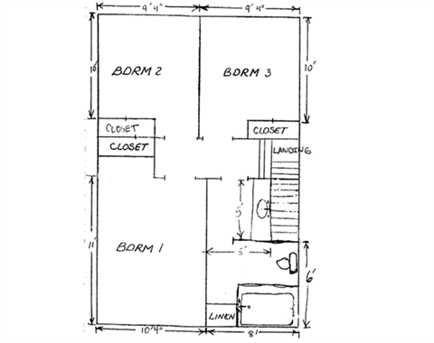 Floor plan for 3 beds, 1 bath