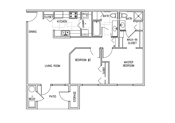 Floor plan for 2 beds, 2 baths, 893 sqft