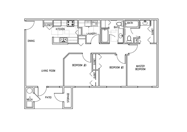 Floor plan for 3 beds, 2 baths