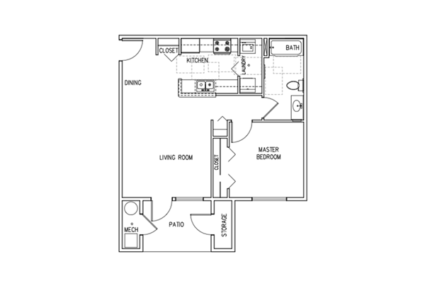 Floor plan for 1 bed, 1 bath